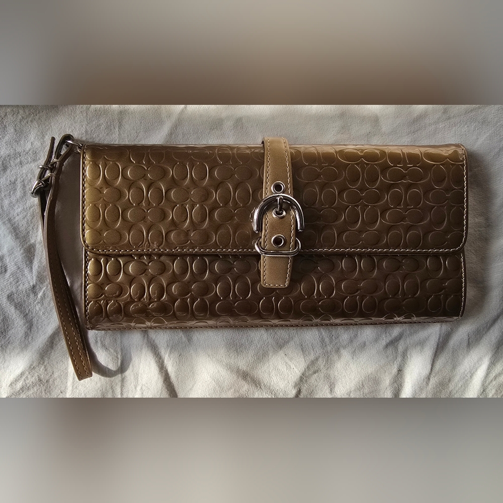 Coach Embossed Signature Leather Clutch, Metallic Gold in flawless condition